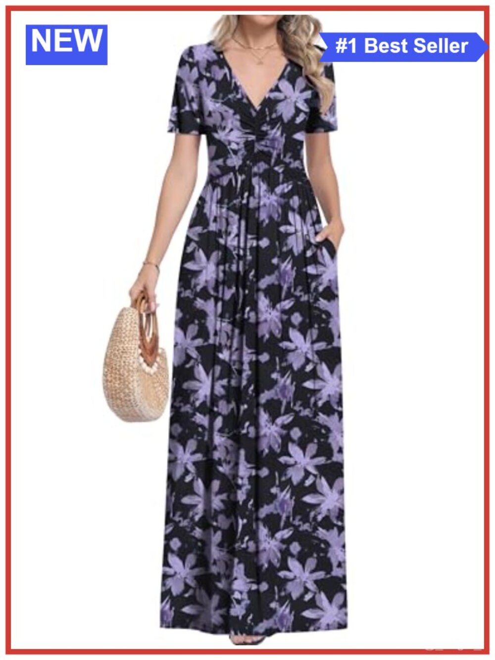 Maxi Dress Short Sleeve Rayon Spandex V-Neck Pockets Casual Summer